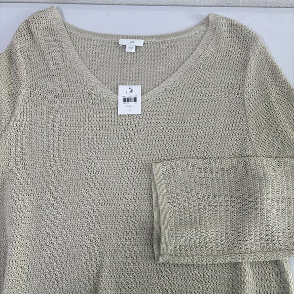 J Jill Open Knit Sweater Size L Truffle Tan V Neck Linen Blend Lagenlook NWT - Picture 4 of 13